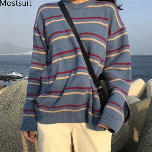 

korean striped knitted sweaters pullovers women autumn winter long sleeve o-neck loose casual fashion femme 210518, White;black