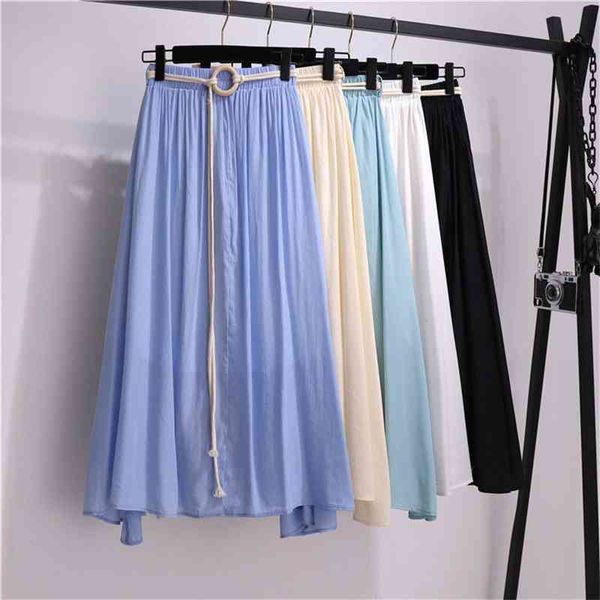 Сплошной цвет хлопка высокая талия юбка женское летние корейские эластичные случайный синий A-Line MIDI с поясом 210420