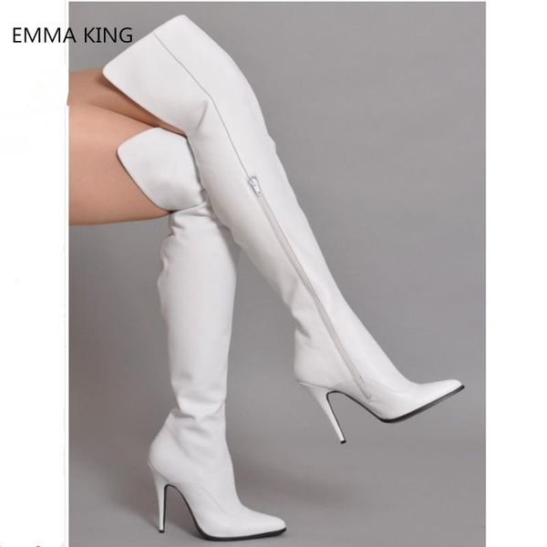 

boots white pointed toe leather women 2021 winter fashion side zipper over knee thigh hgih stiletto high heels shoes, Black