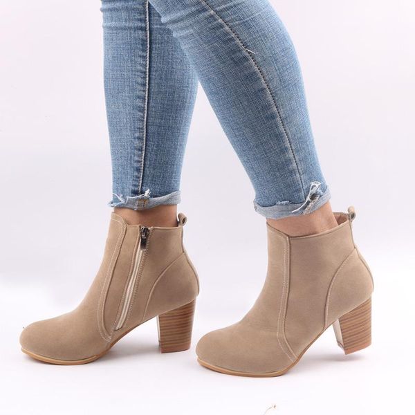 

boots women autumn winter fashion vintage solid high heel ladies shoes short suede leather ankle botas mujer, Black