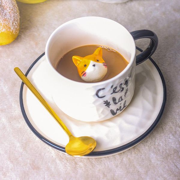 

mugs household cat coffee, milk cup creative cartoon embossed ceramic craft small animal mug with and saucer