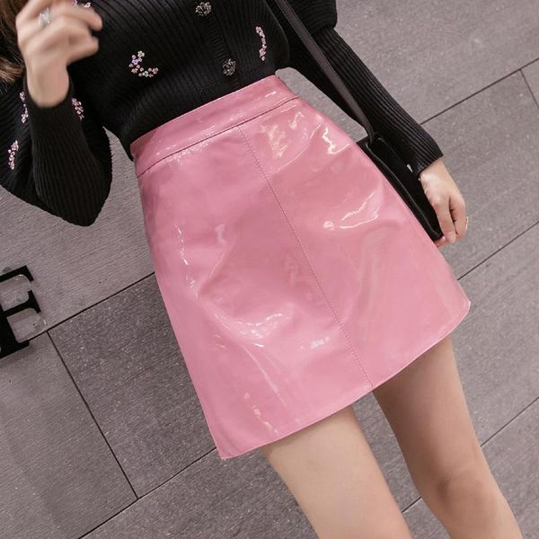 

skirts spring & autumn high waist slimming simple casual all-match women a-line mini pu leather short skirt tide, Black
