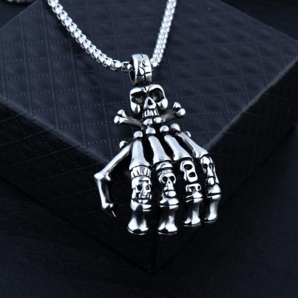 

pendant necklaces european and american long hip hop necklace skull hand non-mainstream men's stainless steel, Silver
