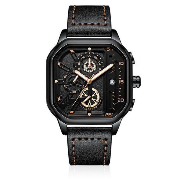 

cool black nektom brand hollow out mens watches accurate quartz watch leather strap luminous square dial wristwatches, Slivery;brown