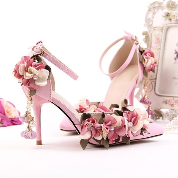 

dress shoes women wedding summer high heels flowers pointed toe ladies pearl decor sweet pink white pumps ankle strap sandals, Black