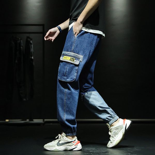 

autumn trendy fashion men's multi-pocket cargo jeans teen classic hip hop pants business casual color block long, Blue