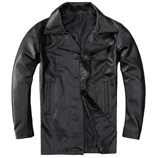 

men's leather & faux long windbreaker real trench coat double breasted big and tall man business autumn winter cowhide jacket, Black