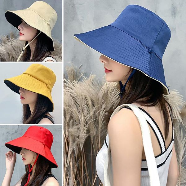 

wide brim hats anti-uv cotton blend sun hat for women vacation summer foldable bucket large korean beach visor, Blue;gray
