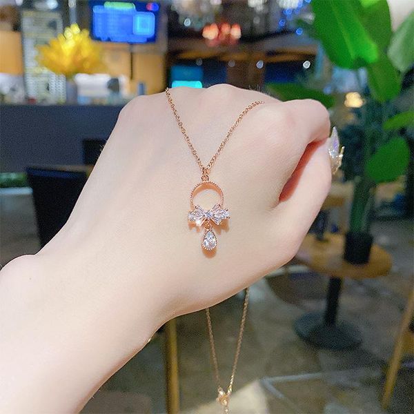 

pendant necklaces fashion crystal bow drop necklace for woman cute/sweet zircon rose gold choker clavicle chain bride wedding jewelry gift, Silver