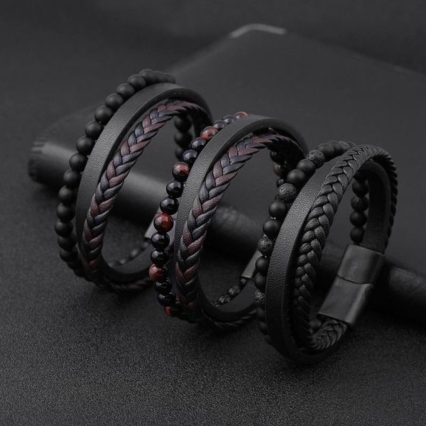 

charm bracelets natural volcanic stone skin bracelet stainless steel leather braided multilayer men's titanium jewelry, Golden;silver