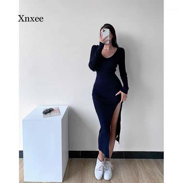 

casual dresses knitted dress female autumn and winter v-neck long-sleeved stretch tight-fitting hip with slits, Black;gray