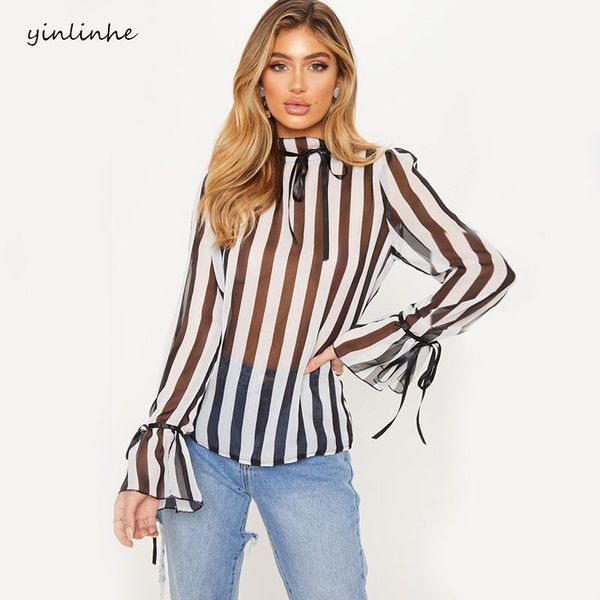 

women's blouses & shirts yinlinhe black transparent chiffon blouse korean long sleeve lace up striped women turtleneck office ladies to, White