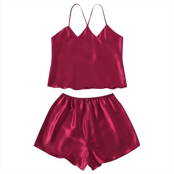 

sleep wear lingerie women sleepwear satin lace v neck camisole shorts set pajamas clothes black solid color, Black;red