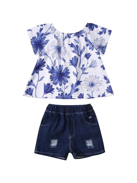 

clothing sets girls casual two-piece clothes set, navy floral printed pattern short sleeve round collar and shorts, White