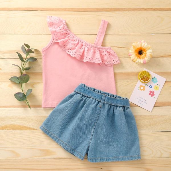 

clothing sets 2pcs kids summer tracksuit, girls lace flounce sleeveless vest + elastic waist denim shorts, 18 months to 6 years, White