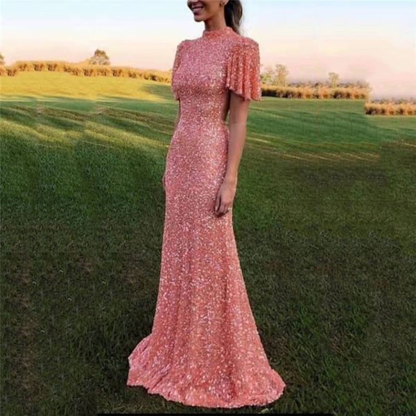 

2021 Evening Dresses Women Lurex Backless Sexy Short Sleeve Elegant Long Partywear Pink Sweet Evening Party Dress Female