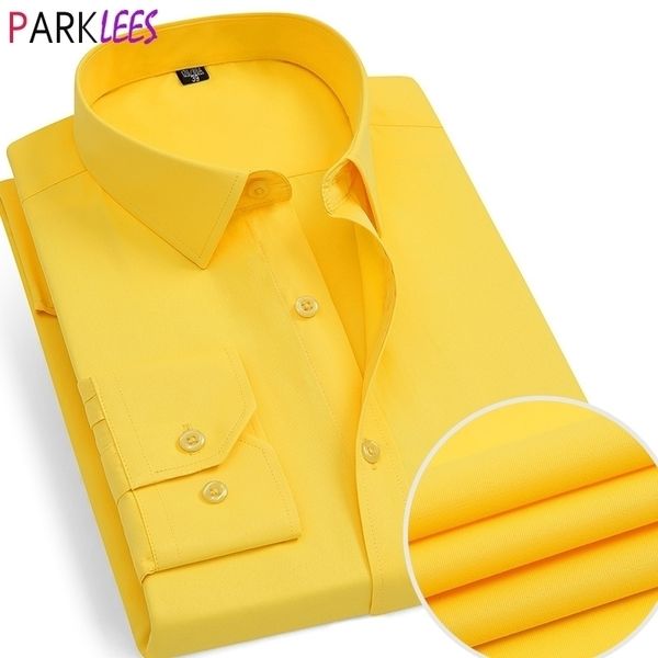 Camisas de vestido dos homens amarelos Marca Fit Slim Fit Camisa de Manga Longa Homens Botão Casual Down Chemise Trabalho Office Chemise 210522