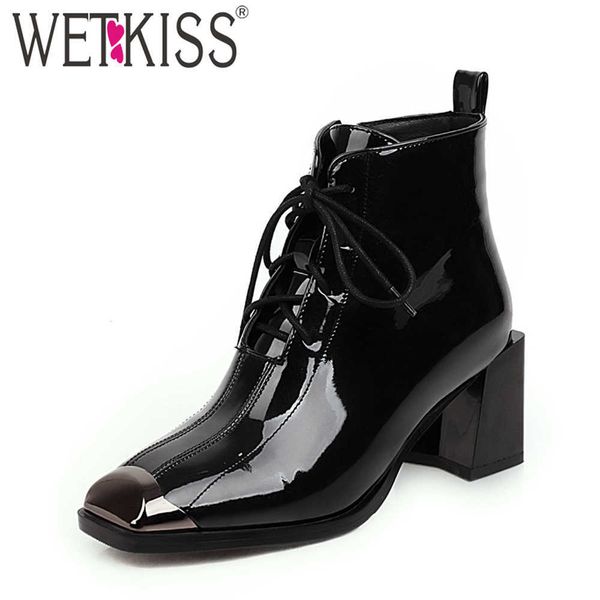 

wetkiss patent ankle boots lace up women shoes metal square toe hoof high heels booties cross tied thick heel winter boot woman 210630, Black