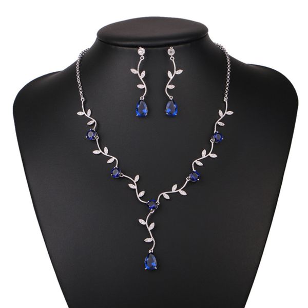 

korean version simple leaf water drop aaa zircon pendant necklace earring jewelry set, Black