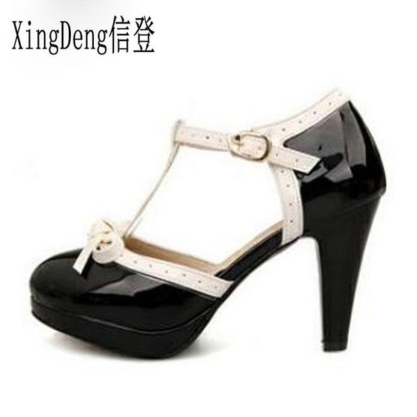 

spring t strap women bowtie shoes fashion pu leather princess platform pumps ladies high heel lolita size 33-48 dress, Black