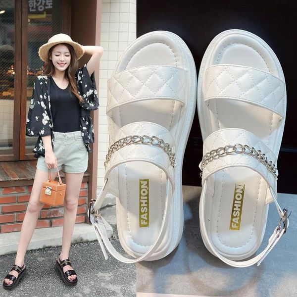 

white casual chain thick-soled women's sandals 2021 summer pu leather buckle beach shoes open-toe comfortable women sandal, Black