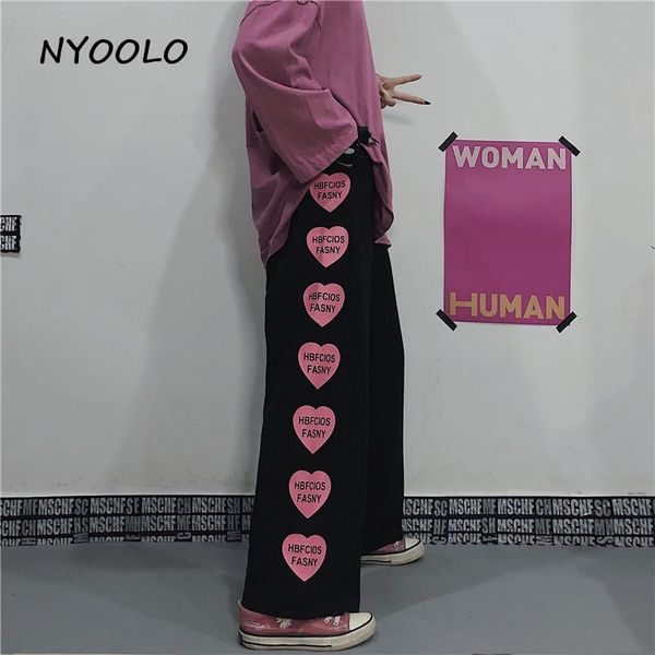 

women's pants & capris nyoolo harajuku vintage love heart letters print black wide leg women casual streetwear elastic waist hip hop jo, Black;white