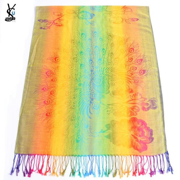 

scarves jacquard peacock pashmina scarf gradient rainbow lotus shawl echarpe long tassel cotton ombre oblong bandana yr106, Blue;gray