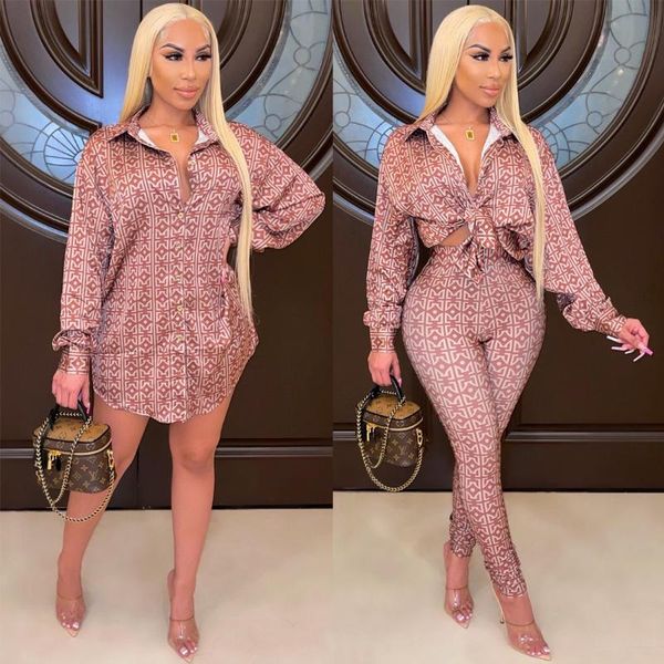 

women's two piece pants zaggin spring 2021 fashion street casual style sets long sleeve lapel elastic printed, White