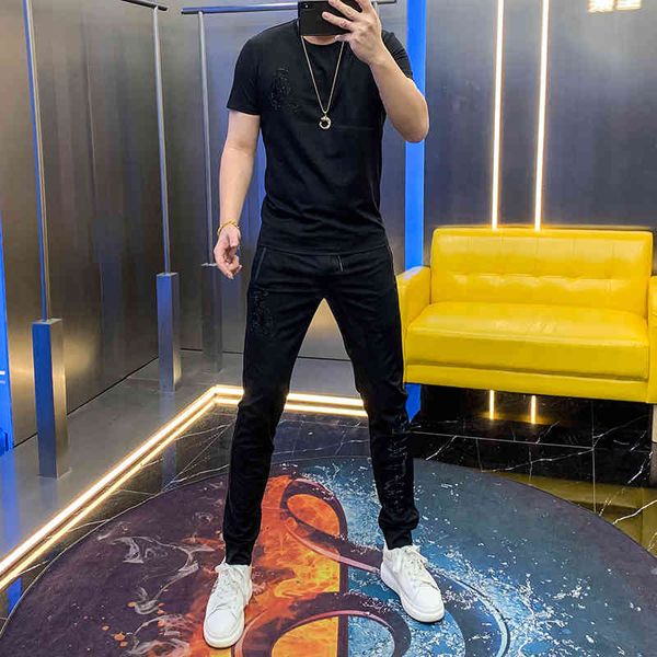 

hoodies men's suit with pretty summer tide korean sequins thin pants short two-piece, Black