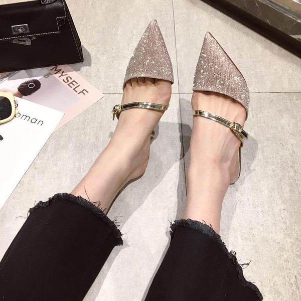 

slippers 2021 spring ladies outside half-drag stylish sequined cloth buckle stiletto skin-friendly designer women shoes u30-31, Black