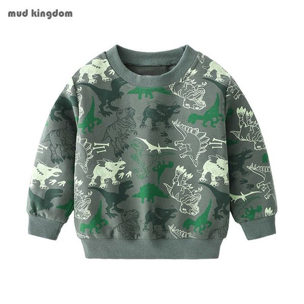 Mudkingdom Boys Tişörtü Genel Moda Dinozor Baskı Uzun Kollu O-Boyun Casual Çocuk Giysileri 210615