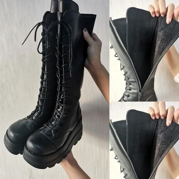 

boots ladies fashion platform chunky heel wedges mid calf women casual brand thick bottom winter woman leather, Black