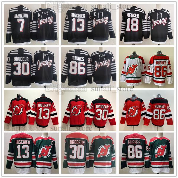

2021/22 alternate black ice hockey 13 nico hischier jerseys 30 martin brodeur 86 jack hughes 7 dougie hamilton 18 dawson mercer 3rd third me, Black;red