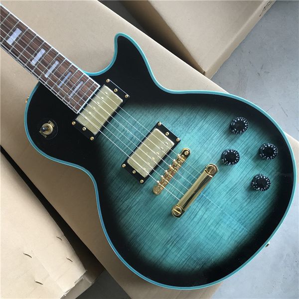 

custom high-quality electric guitar, blue, maple flame gold parts,