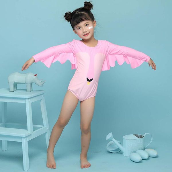 

one-piece suits 1-6 years children swan print swimsuit with cap long sleeve ruffle swimwear cute patchwork kids baby bathing
