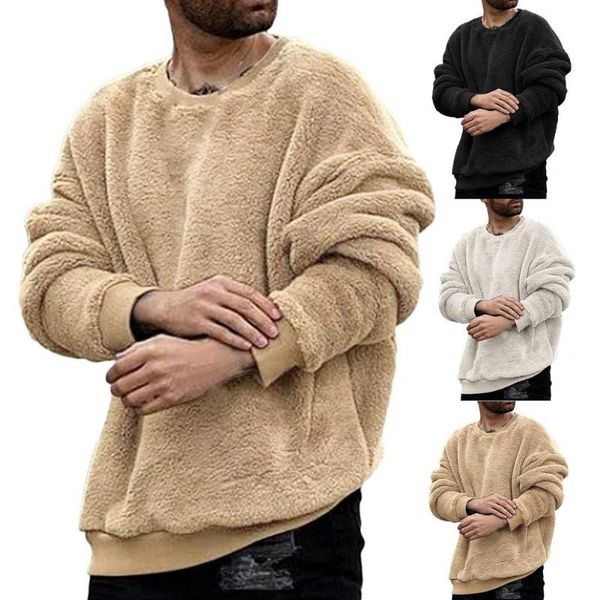 

men's hoodies & sweatshirts men sweatshirt pullover solid color round neck double-sided plush winter warm streetwear male pullovers clo, Black