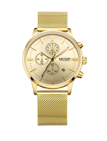 

wristwatches fashion luxury megir brand men mesh stainless steel band quartz sport watch chronograph men's wrist watches clock, Slivery;brown