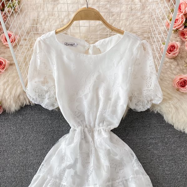 

sweet white midi dress for women summer round neck short sleeve butterfly pattern vestidos female bow a-line robe 2021 fashion, Black;gray