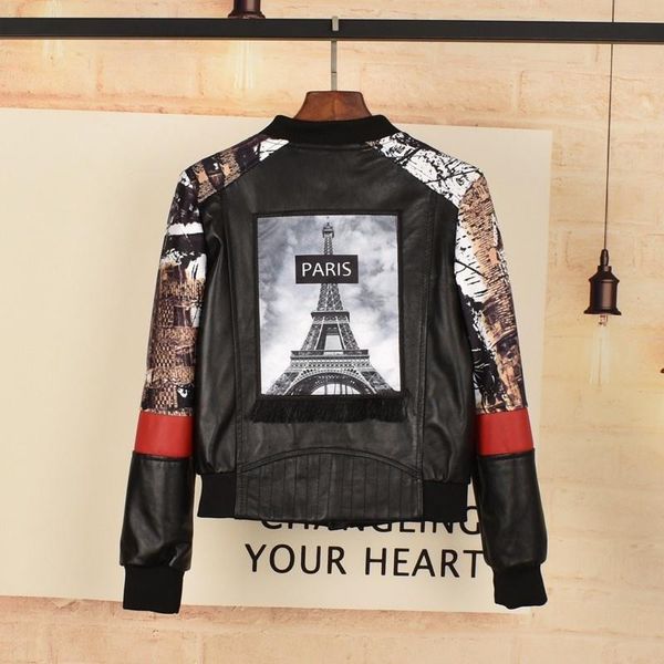 

women's leather & faux women gothic floral printed bomber jacket spring autumn ladies short sheepskin genuine stand collar biker coats, Black
