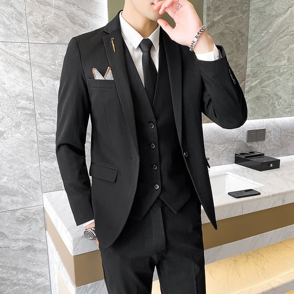 

men's three piece groom's slim fitting wedding drs bus british stripe suit, White;black