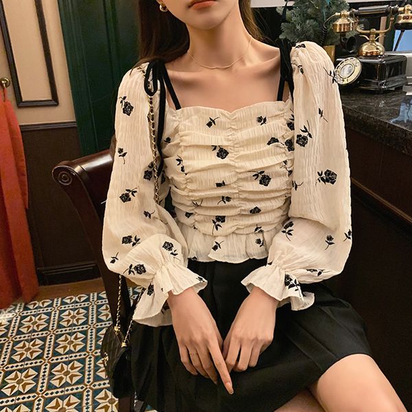 

vintage floral blouse women casual square collar chiffon korean style slim puff sleeve elegant shirt 2021 spring kawaii, White