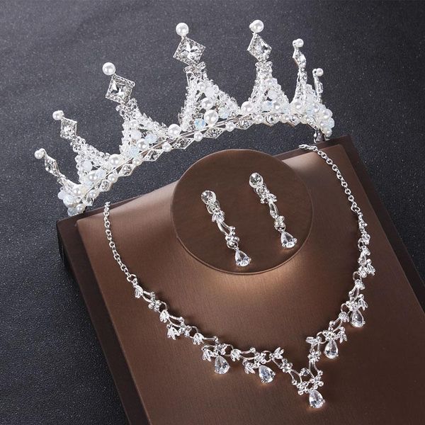 

wedding jewelry sets bridal cubic zirconia cz necklace earrings tiara set pearl crystal crown women hair accessories bride gift, Slivery;golden
