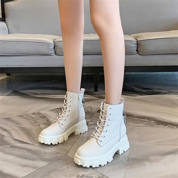 

boots women's inner high leather autumn and winter 2021 plush shoes thick soled white sho, Black