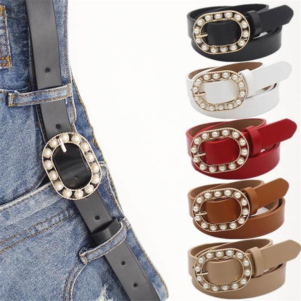 

belts 2021 pearl inlaid oval buckle for women pu strip waist, Black;brown