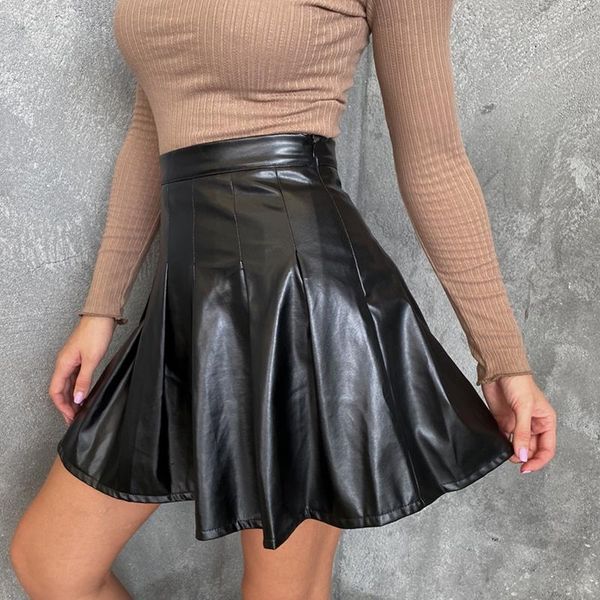 

skirts 2021 autumn womens pu pleated short skirt with safety pants, high waist solid color faux leather a-line, Black