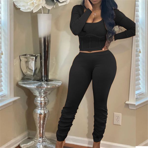 

capris hollow knitted suit out the square neck tight waist stacked up pants sports 2 piece defines clothes of women winter, Black;white