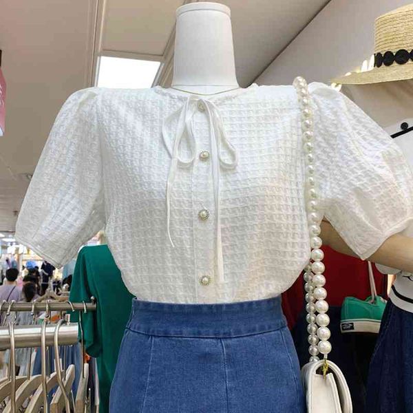 

sweet puff sleeve blouses woman shirts summer elegant pearl button ladies age-reducing short sleeve camisas mujer 210514, White