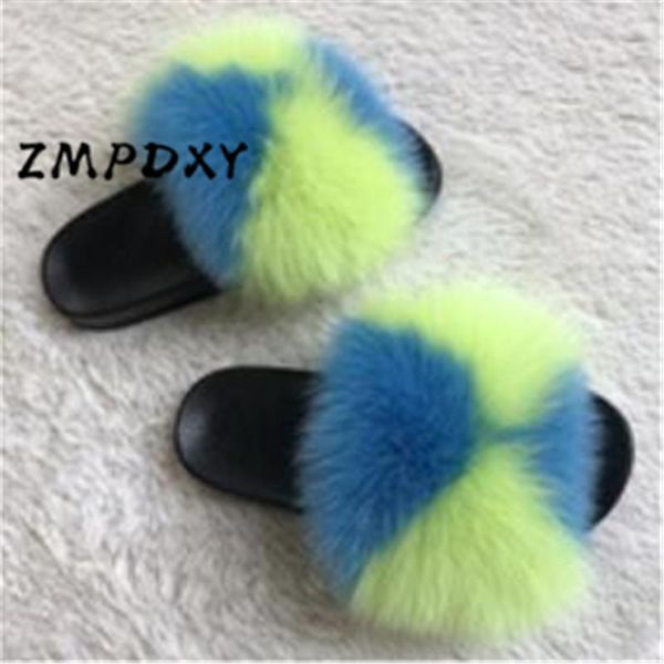 

slippers women's summer real fur slipper children's/kids furry beach slides fluffy sandals flip flop female woman plush shoes, Black