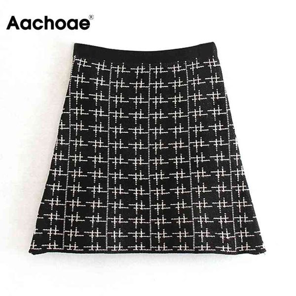 

aachoae women vintage plaid knitted a line skirt with pocket office elegant mini skirt faldas mujer moda autumn summer 210413, Black