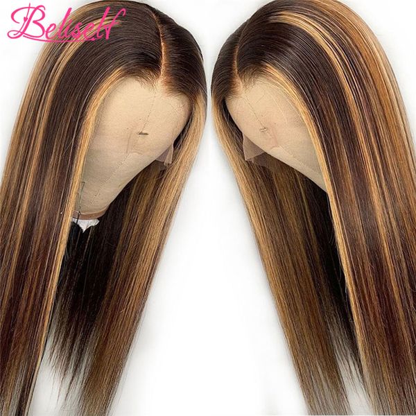 

Beliself Highlight Front Human Hair Brazilian Ombre Remy Pre Plucked 13X4 Straight Lace Frontal Wigs For Women 4/27 HD Seamless, As the picture shows
